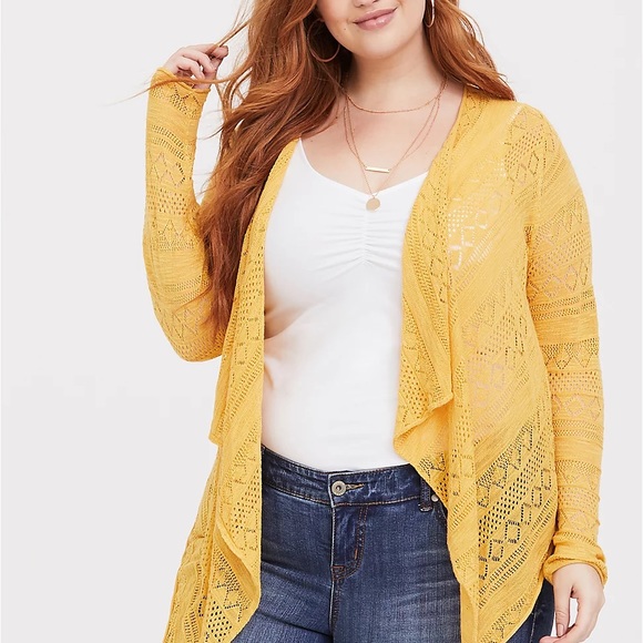 torrid Sweaters - Torrid Yellow Pointelle Drape Cardigan